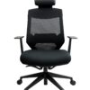 front view of mesh back chair mechanism with arms and headrest